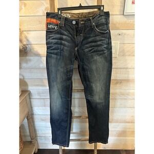 Levis Jeans Mens 34x34 Dark Wash Plaid Accent Straight Leg Cotton Denim CD:RAWK